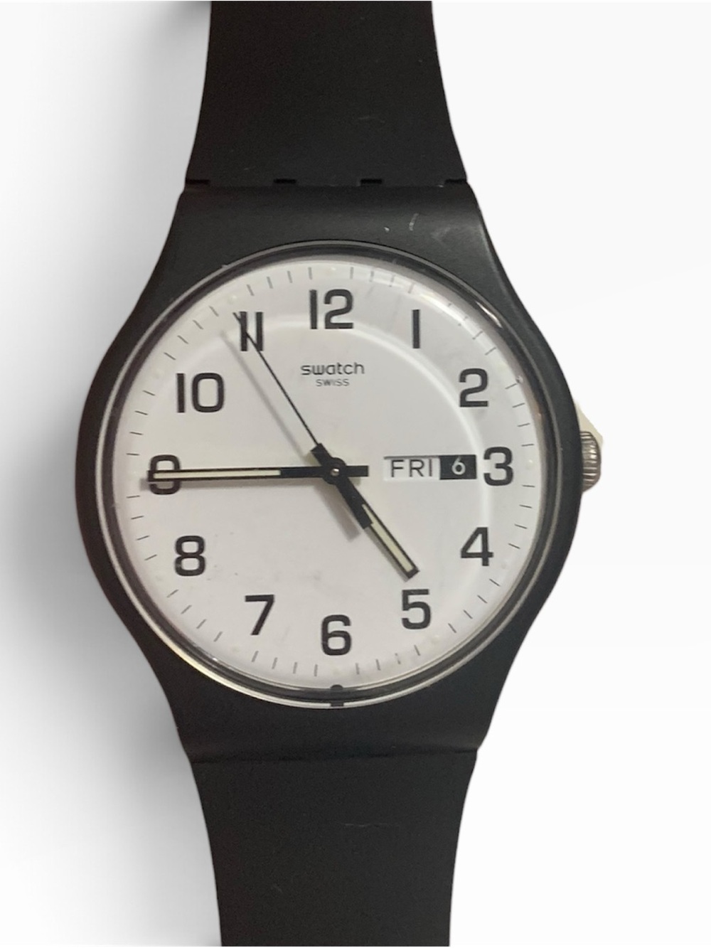 Swatch Classic Black Watch with White Dial Day-Date Unisex / New Battery